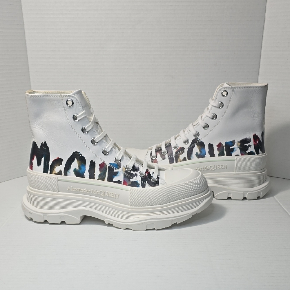 Alexander McQueen Men's Leather Boots Graffiti Black White Shoes